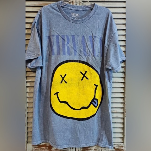 NIRVANA VINTAGE STYLE T-SHIRT L Blue Distressed Dyed 90s Grunge Rock Band - Picture 1 of 5